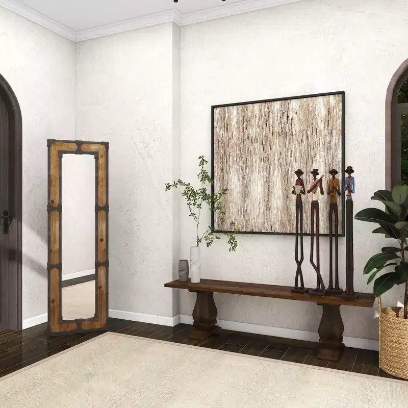 Rustic Wood Freestanding Floor Mirror in Brown, Ornate Decorative Frame