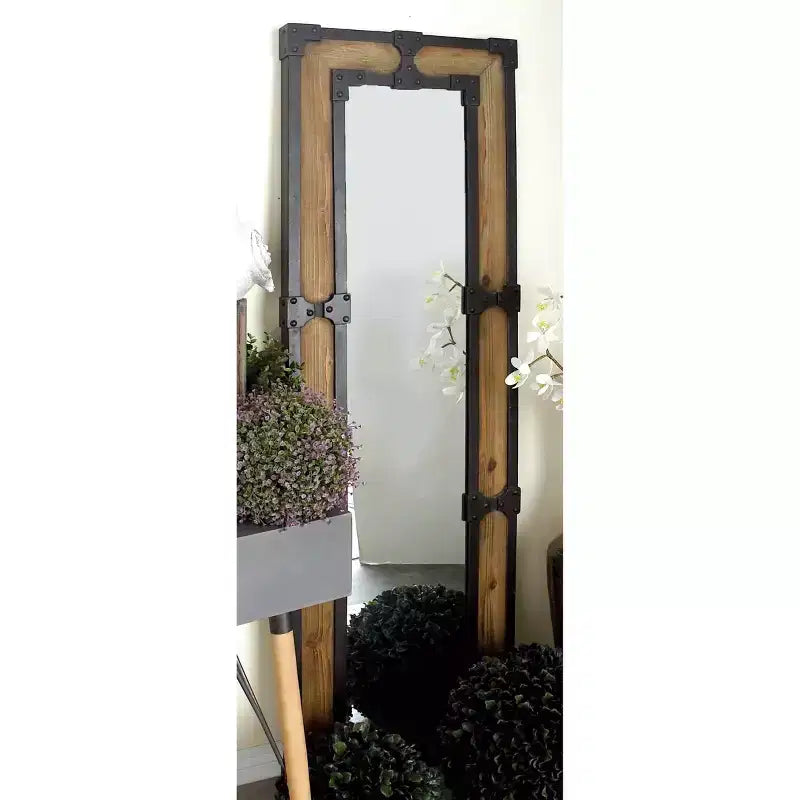 Rustic Wood Freestanding Floor Mirror in Brown, Ornate Decorative Frame