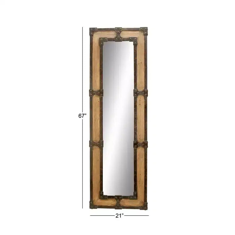 Rustic Wood Freestanding Floor Mirror in Brown, Ornate Decorative Frame