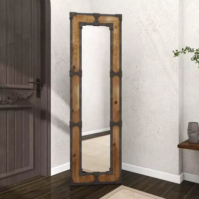 Rustic Wood Freestanding Floor Mirror in Brown, Ornate Decorative Frame