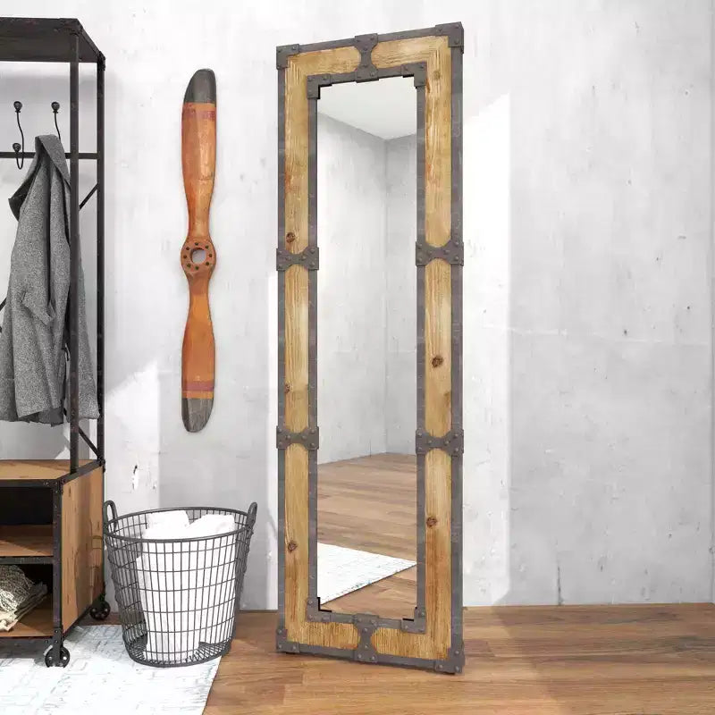 Rustic Wood Freestanding Floor Mirror in Brown, Ornate Decorative Frame