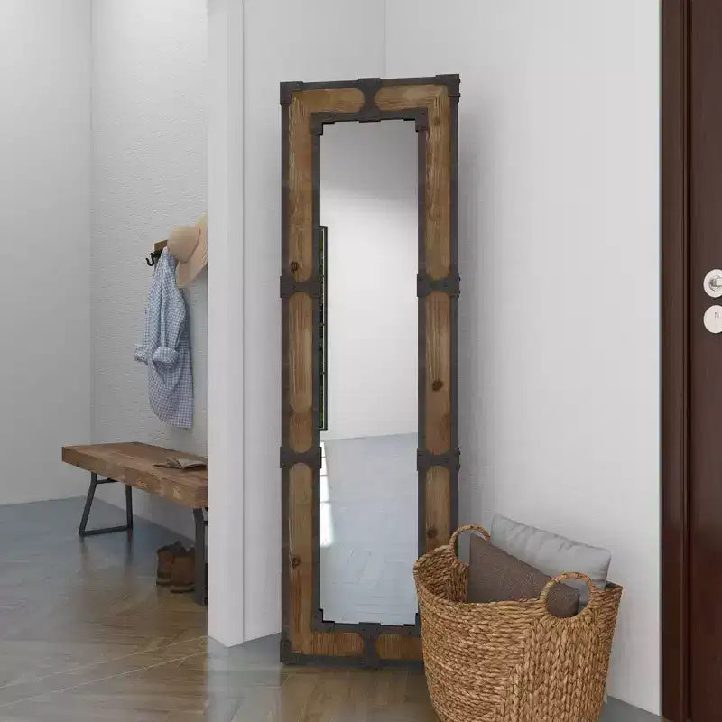 Rustic Wood Freestanding Floor Mirror in Brown, Ornate Decorative Frame