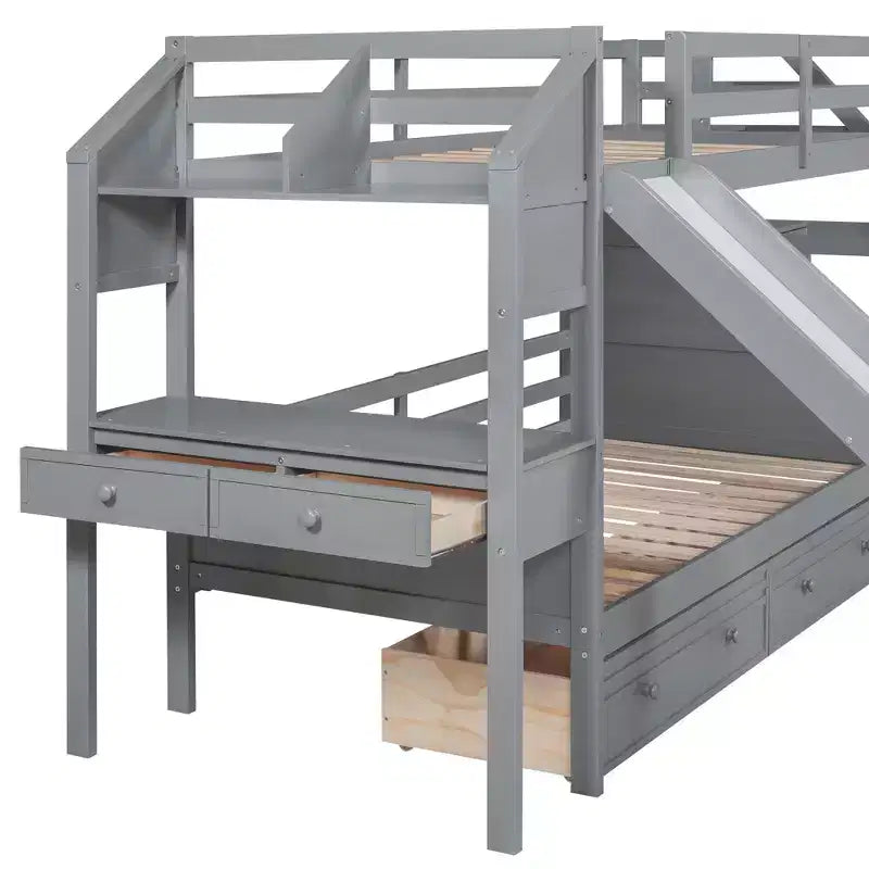 Twin over Twin Bunk Bed with Storage Staircase, Slide, Drawers & Desk