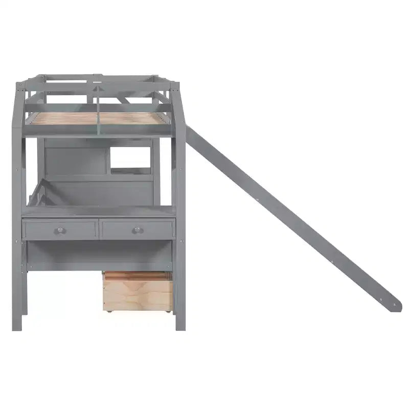 Twin over Twin Bunk Bed with Storage Staircase, Slide, Drawers & Desk