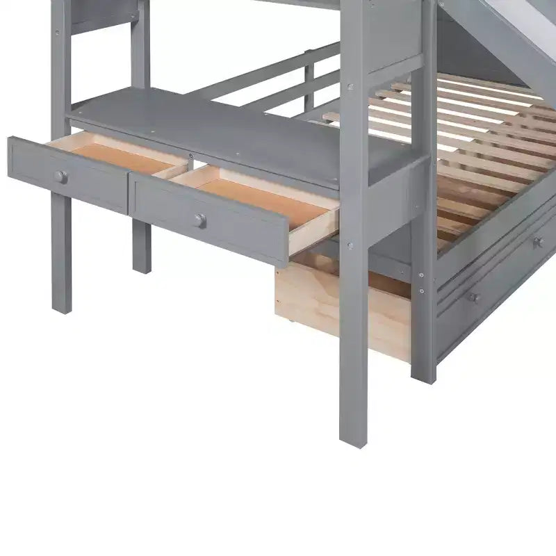 Twin over Twin Bunk Bed with Storage Staircase, Slide, Drawers & Desk