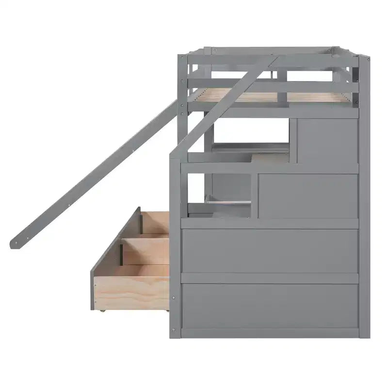 Twin over Twin Bunk Bed with Storage Staircase, Slide, Drawers & Desk