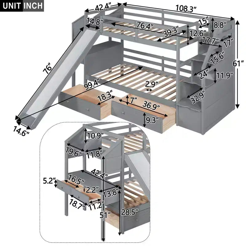 Twin over Twin Bunk Bed with Storage Staircase, Slide, Drawers & Desk
