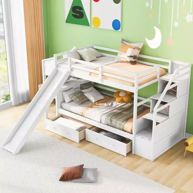 Twin over Twin Bunk Bed with Storage Staircase, Slide, Drawers & Desk