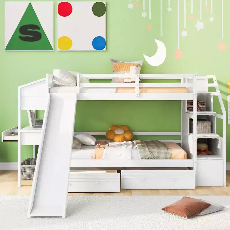 Twin over Twin Bunk Bed with Storage Staircase, Slide, Drawers & Desk