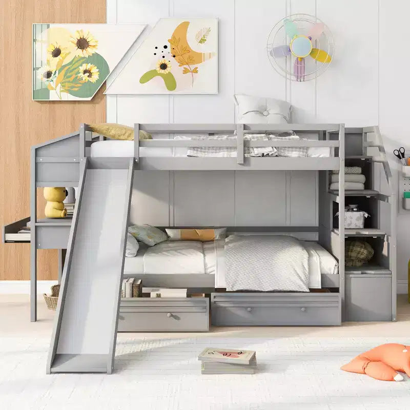 Twin over Twin Bunk Bed with Storage Staircase, Slide, Drawers & Desk