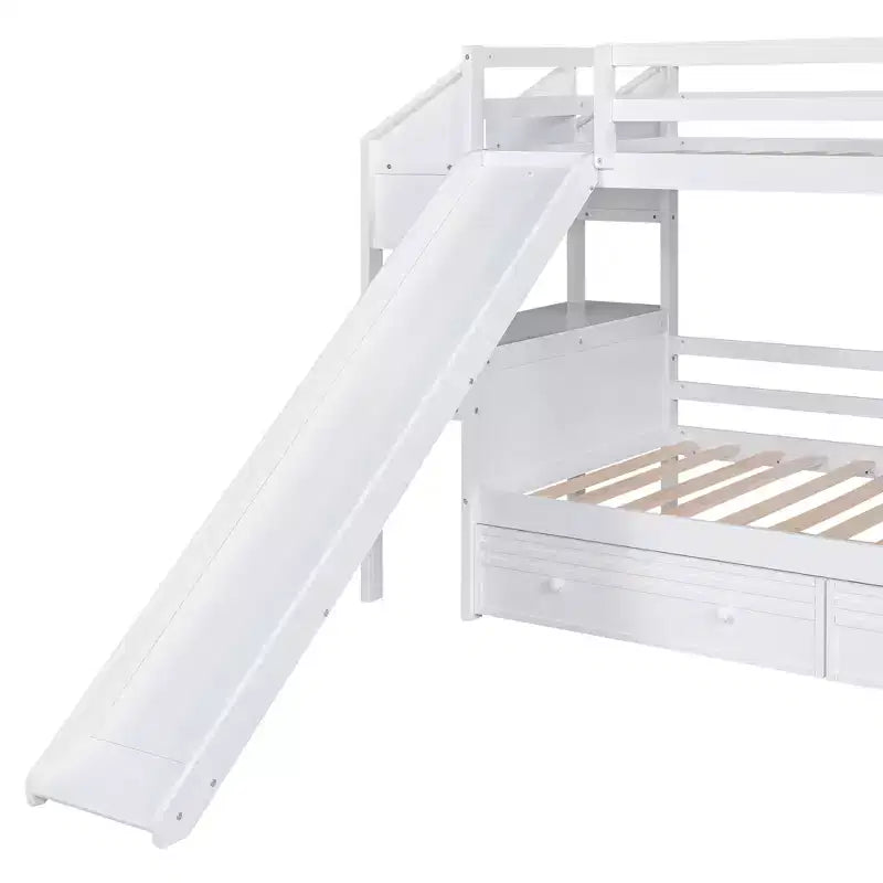 Twin over Twin Bunk Bed with Storage Staircase, Slide, Drawers & Desk