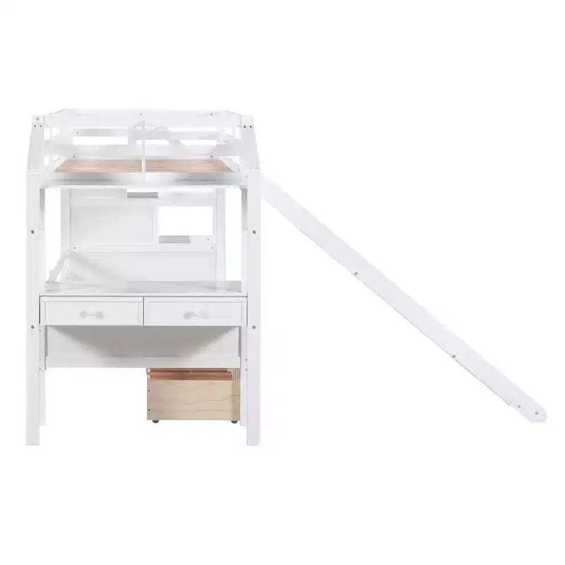 Twin over Twin Bunk Bed with Storage Staircase, Slide, Drawers & Desk
