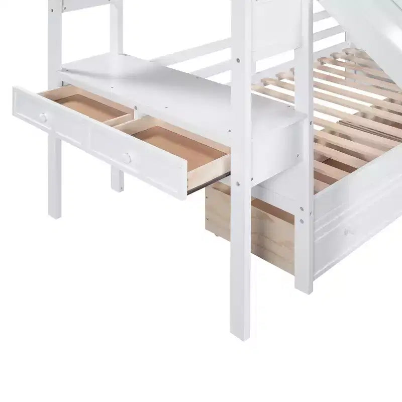 Twin over Twin Bunk Bed with Storage Staircase, Slide, Drawers & Desk
