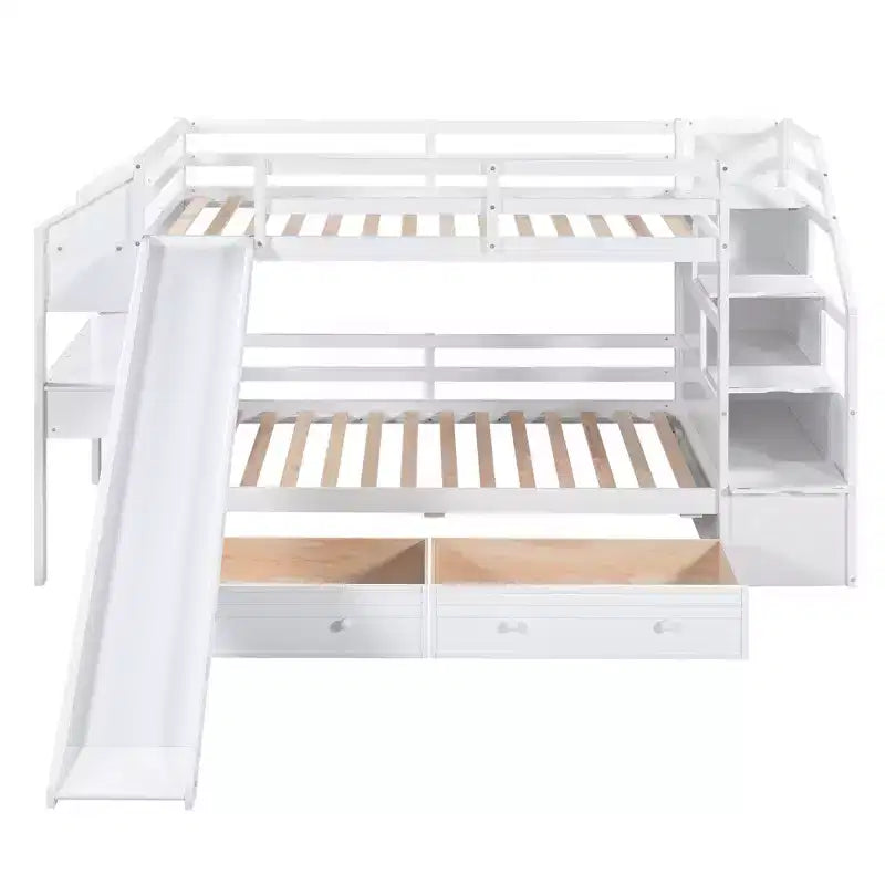 Twin over Twin Bunk Bed with Storage Staircase, Slide, Drawers & Desk