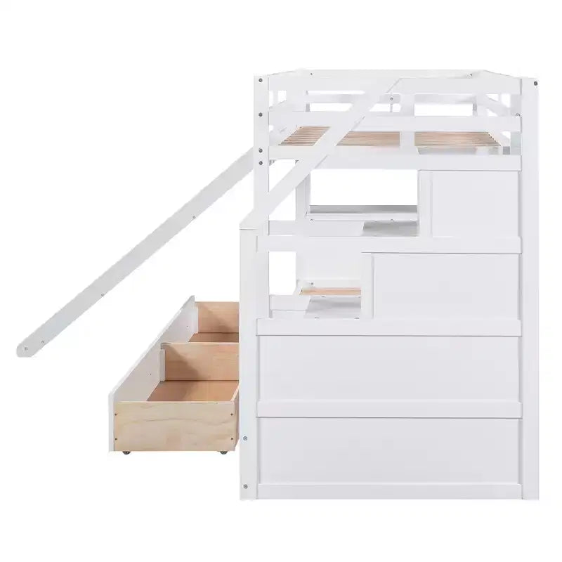 Twin over Twin Bunk Bed with Storage Staircase, Slide, Drawers & Desk