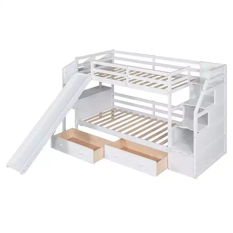 Twin over Twin Bunk Bed with Storage Staircase, Slide, Drawers & Desk