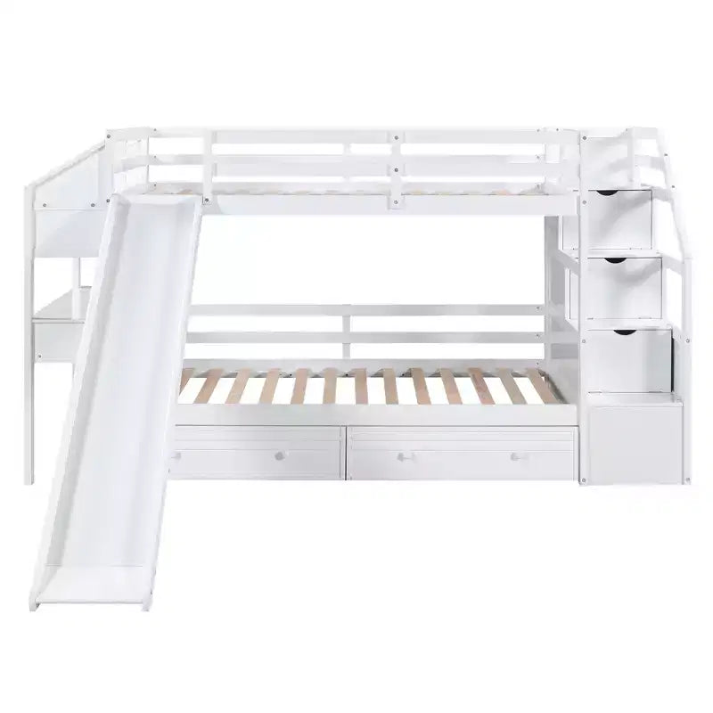 Twin over Twin Bunk Bed with Storage Staircase, Slide, Drawers & Desk