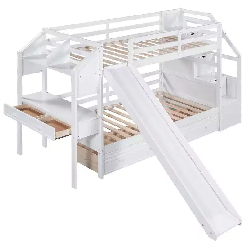 Twin over Twin Bunk Bed with Storage Staircase, Slide, Drawers & Desk
