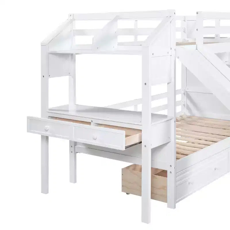 Twin over Twin Bunk Bed with Storage Staircase, Slide, Drawers & Desk