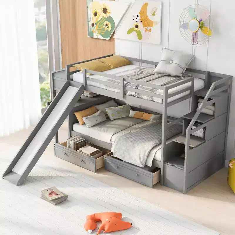Twin over Twin Bunk Bed with Storage Staircase, Slide, Drawers & Desk