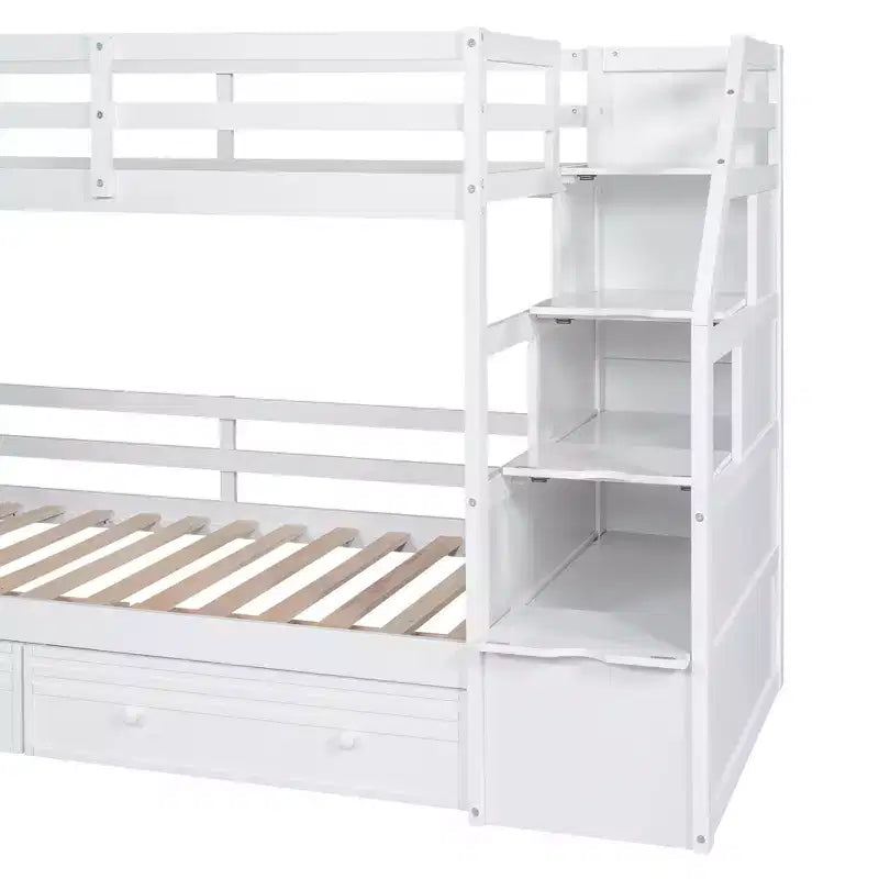 Twin over Twin Bunk Bed with Storage Staircase, Slide, Drawers & Desk