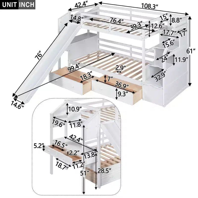 Twin over Twin Bunk Bed with Storage Staircase, Slide, Drawers & Desk