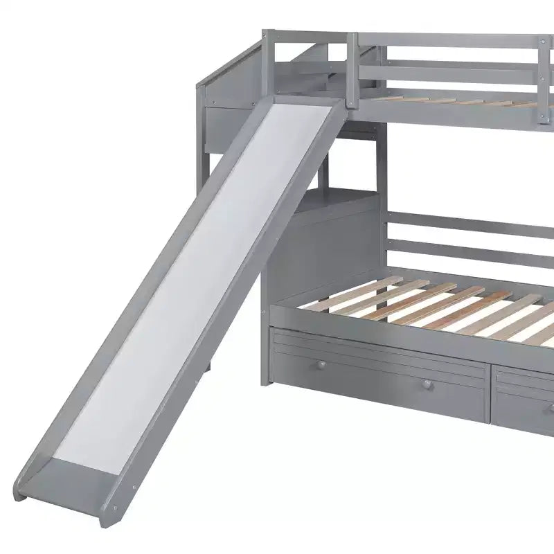 Twin over Twin Bunk Bed with Storage Staircase, Slide, Drawers & Desk