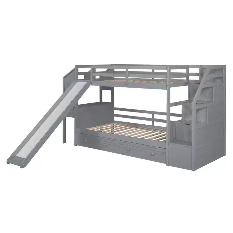 Twin over Twin Bunk Bed with Storage Staircase, Slide, Drawers & Desk