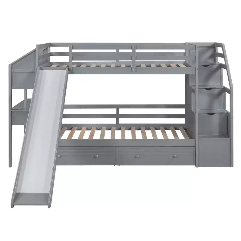 Twin over Twin Bunk Bed with Storage Staircase, Slide, Drawers & Desk