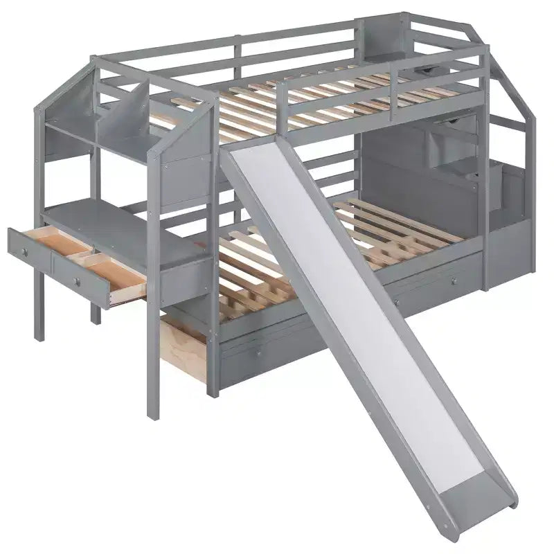 Twin over Twin Bunk Bed with Storage Staircase, Slide, Drawers & Desk