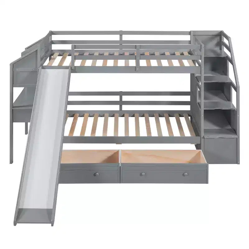 Twin over Twin Bunk Bed with Storage Staircase, Slide, Drawers & Desk