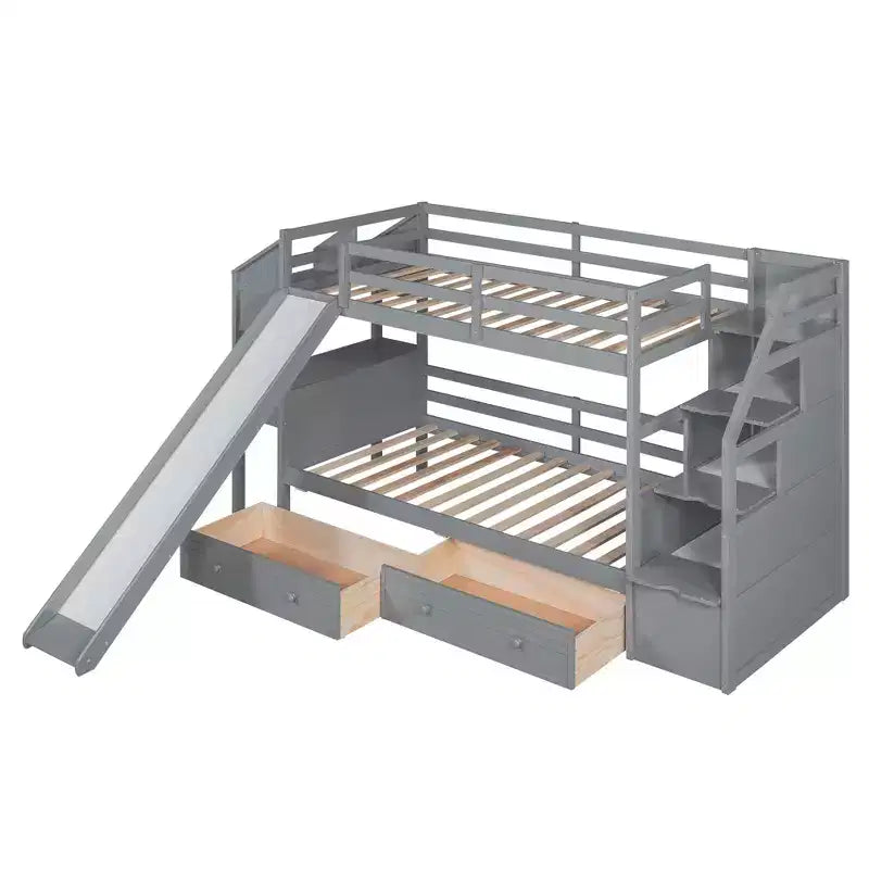 Twin over Twin Bunk Bed with Storage Staircase, Slide, Drawers & Desk