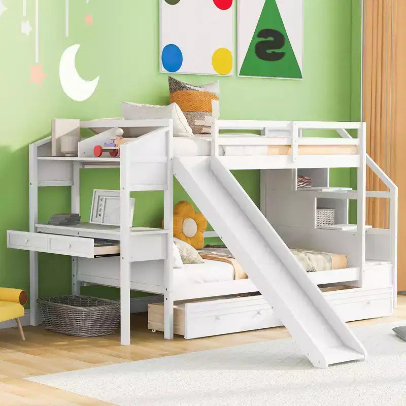 Twin over Twin Bunk Bed with Storage Staircase, Slide, Drawers & Desk