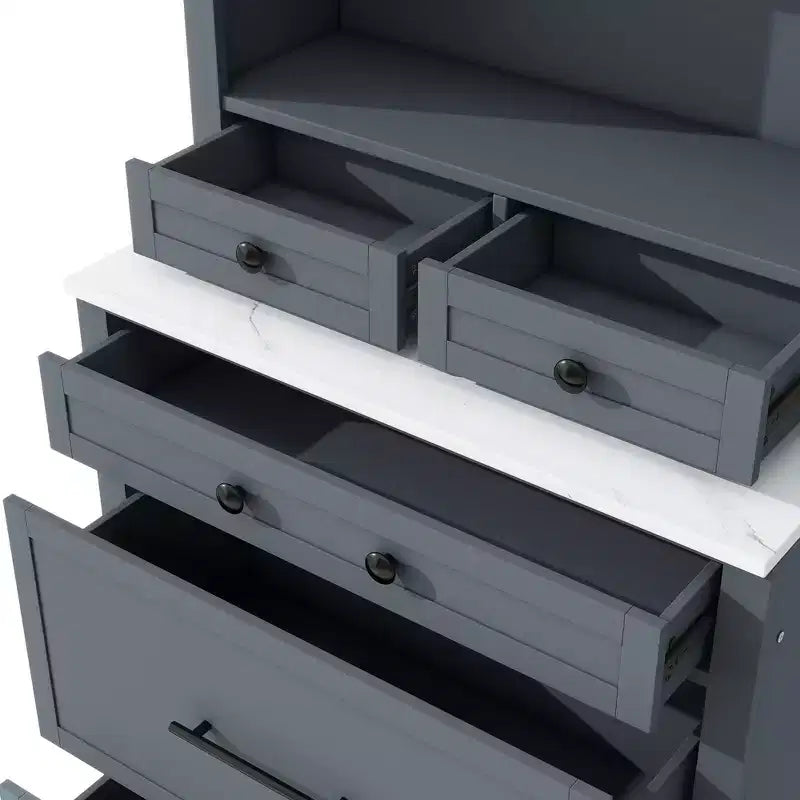 83.7" Freestanding Kitchen Pantry with Faux Marble Top & 5 Drawers