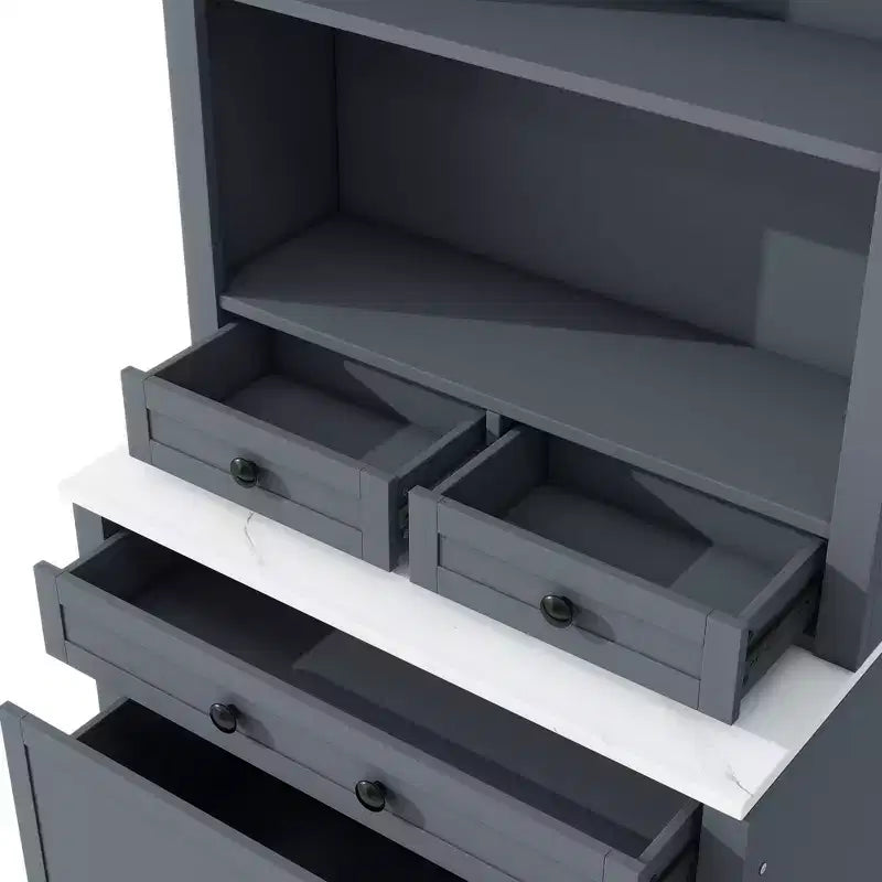 83.7" Freestanding Kitchen Pantry with Faux Marble Top & 5 Drawers