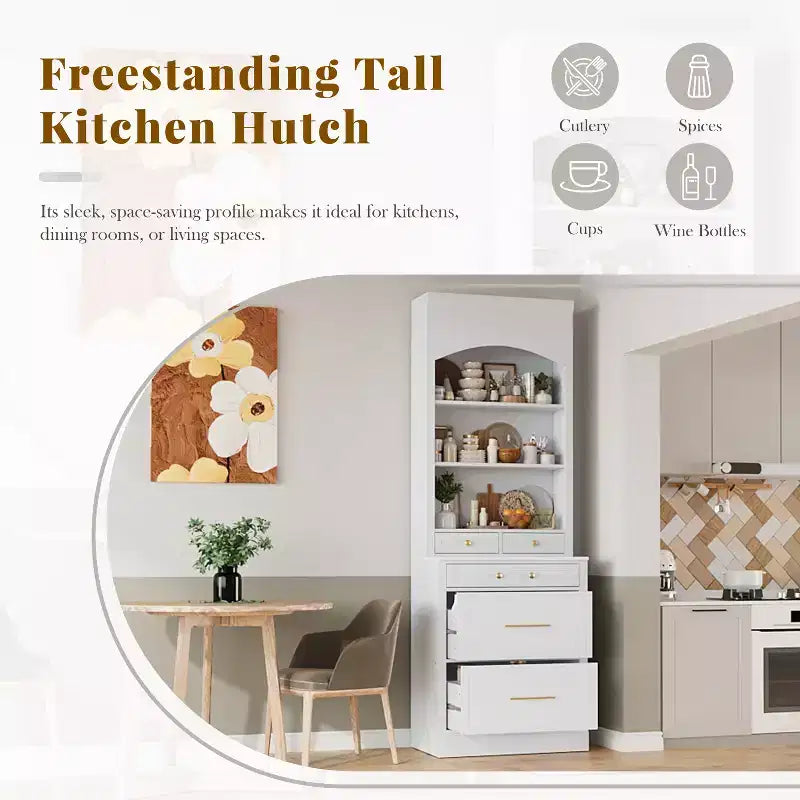 83.7" Freestanding Kitchen Pantry with Faux Marble Top & 5 Drawers