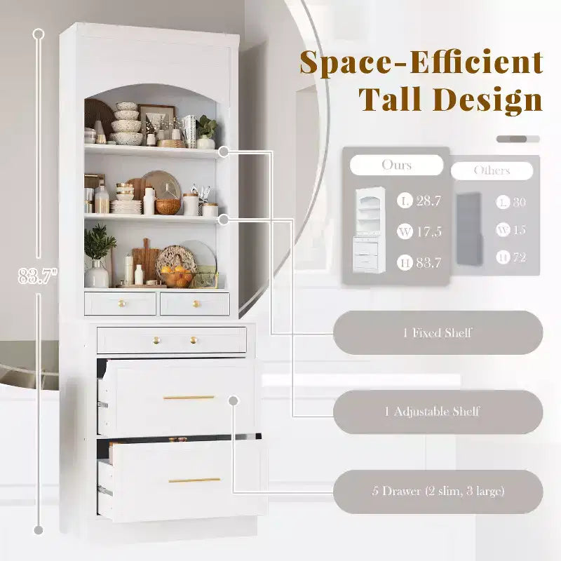 83.7" Freestanding Kitchen Pantry with Faux Marble Top & 5 Drawers