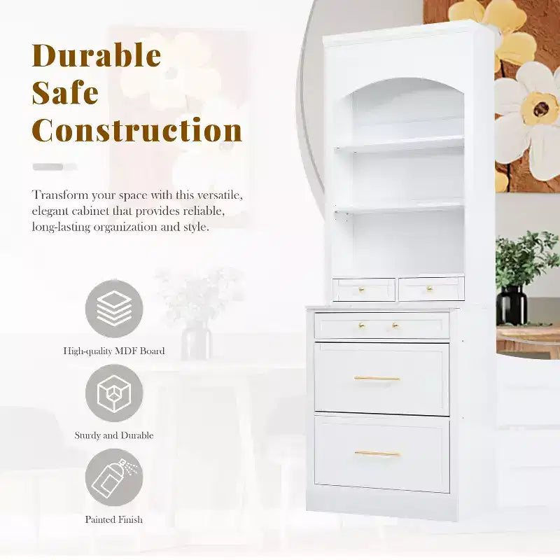 83.7" Freestanding Kitchen Pantry with Faux Marble Top & 5 Drawers