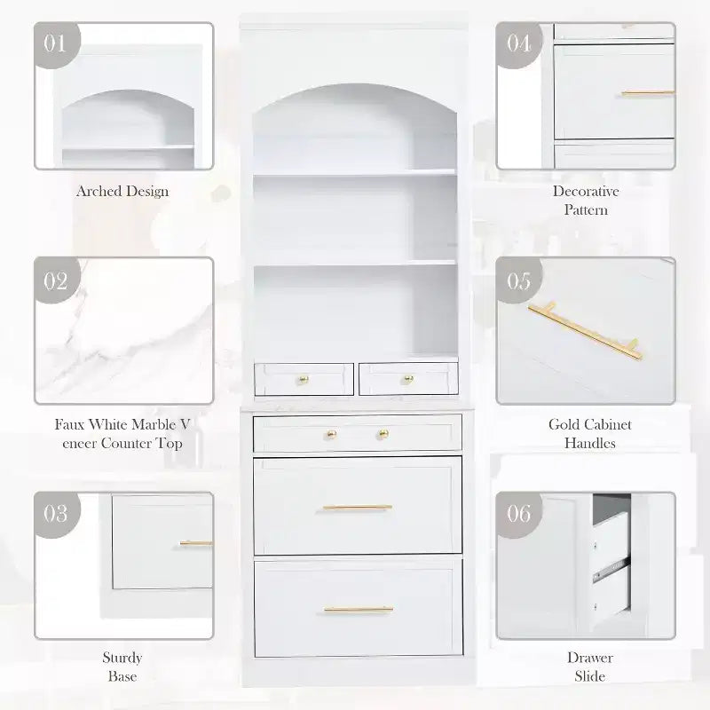 83.7" Freestanding Kitchen Pantry with Faux Marble Top & 5 Drawers