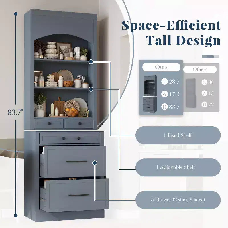83.7" Freestanding Kitchen Pantry with Faux Marble Top & 5 Drawers