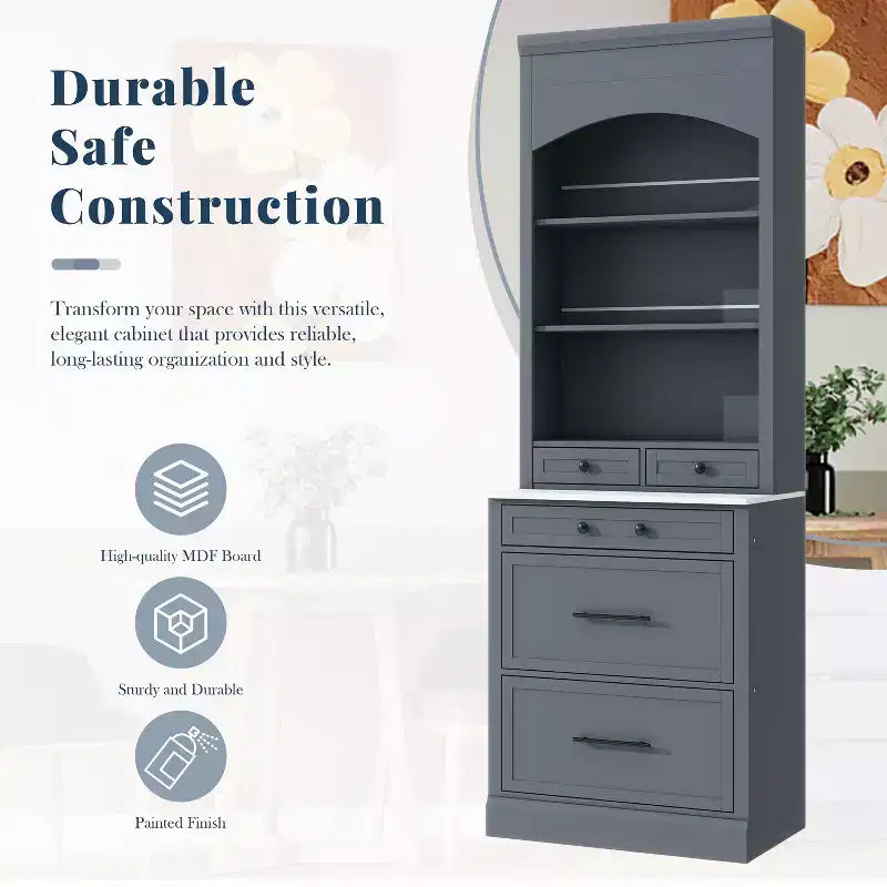 83.7" Freestanding Kitchen Pantry with Faux Marble Top & 5 Drawers