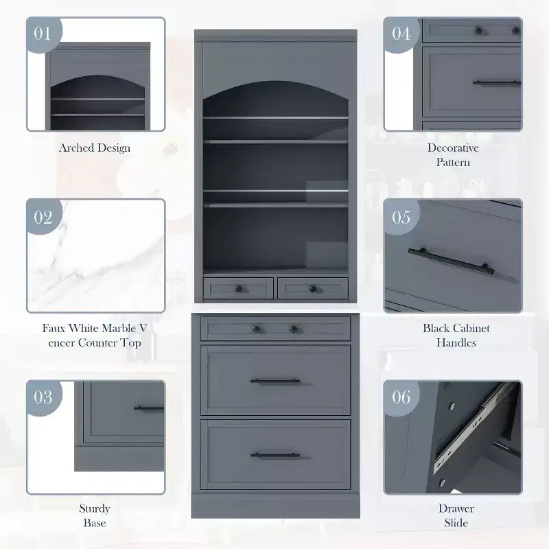 83.7" Freestanding Kitchen Pantry with Faux Marble Top & 5 Drawers