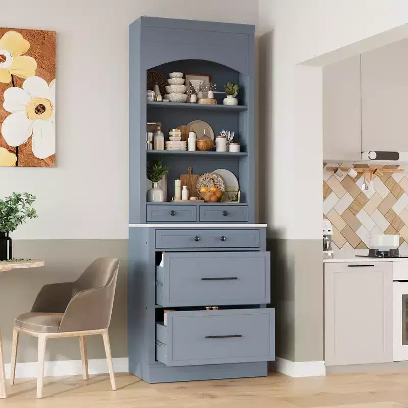 83.7" Freestanding Kitchen Pantry with Faux Marble Top & 5 Drawers