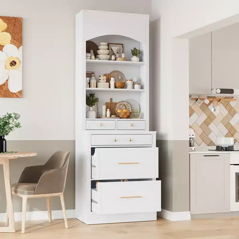 83.7" Freestanding Kitchen Pantry with Faux Marble Top & 5 Drawers
