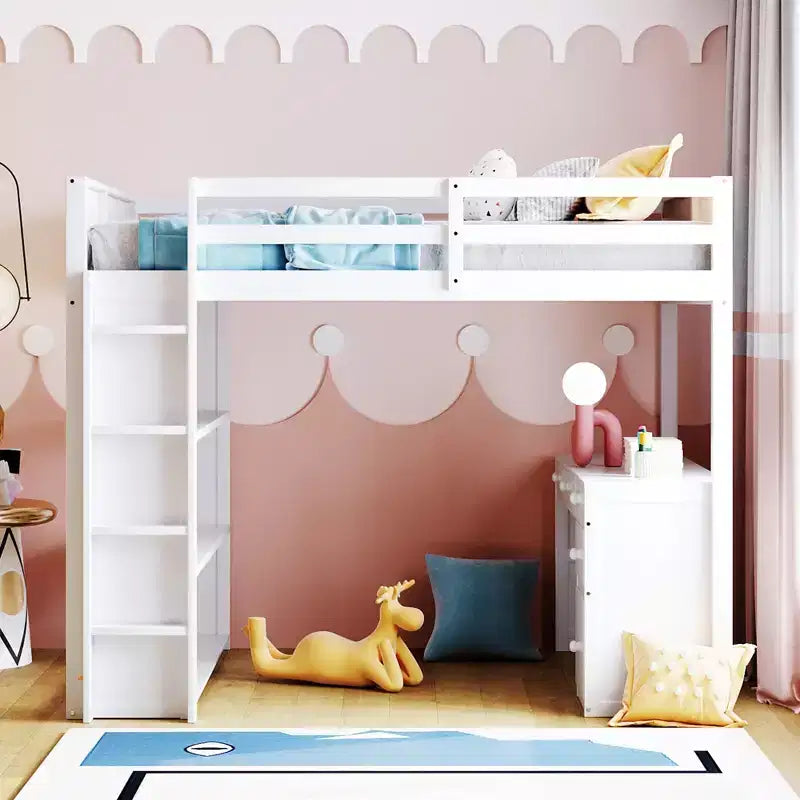 Twin/Full Size Loft Bed with Ladder, Shelves, Desk & Drawers