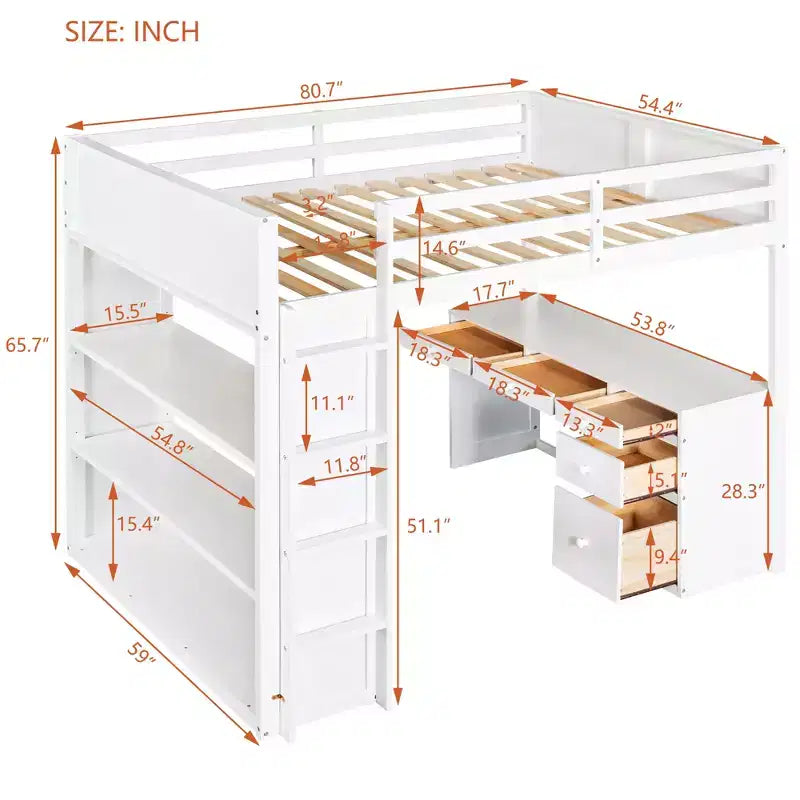 Twin/Full Size Loft Bed with Ladder, Shelves, Desk & Drawers