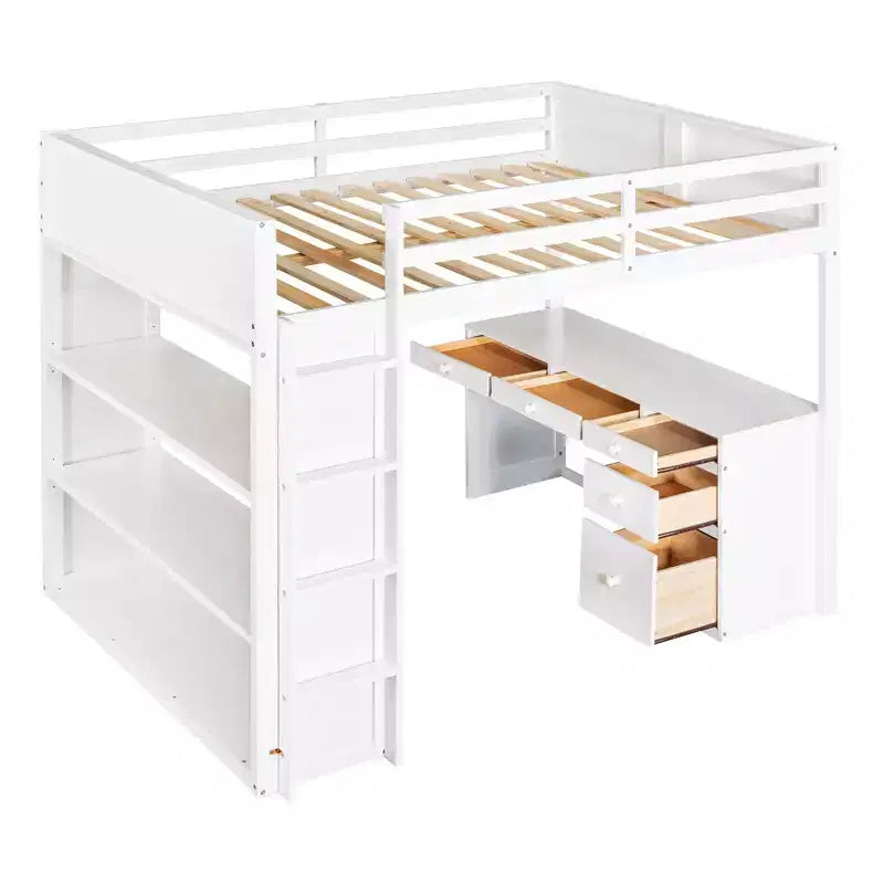 Twin/Full Size Loft Bed with Ladder, Shelves, Desk & Drawers