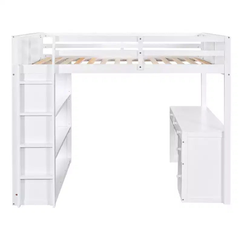Twin/Full Size Loft Bed with Ladder, Shelves, Desk & Drawers
