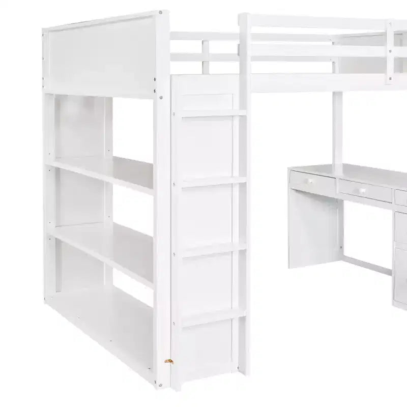 Twin/Full Size Loft Bed with Ladder, Shelves, Desk & Drawers