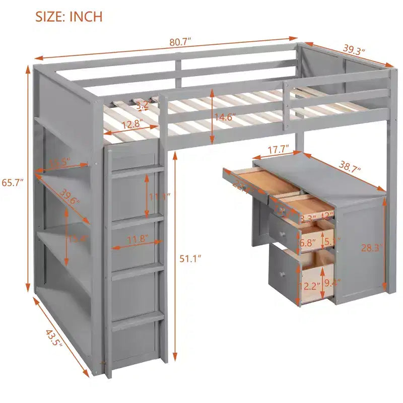 Twin/Full Size Loft Bed with Ladder, Shelves, Desk & Drawers